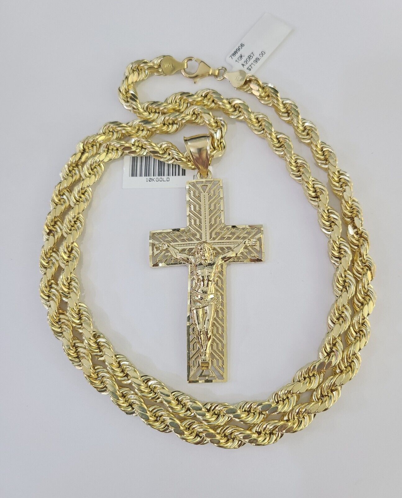 Real 10k Rope Chain Jesus Cross Charm Set 7mm 20" - 28" Inch Necklace Yellow Gold - Reva Jeweler