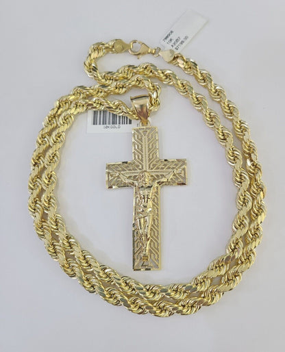 Real 10k Rope Chain Jesus Cross Charm Set 7mm 20" - 28" Inch Necklace Yellow Gold - Reva Jeweler