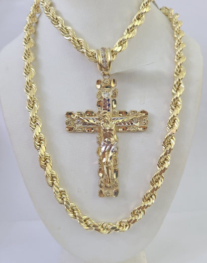 Real 10k Rope Chain Jesus Cross Charm Set 7mm 20" - 28" Inch Necklace Yellow Gold - Reva Jeweler