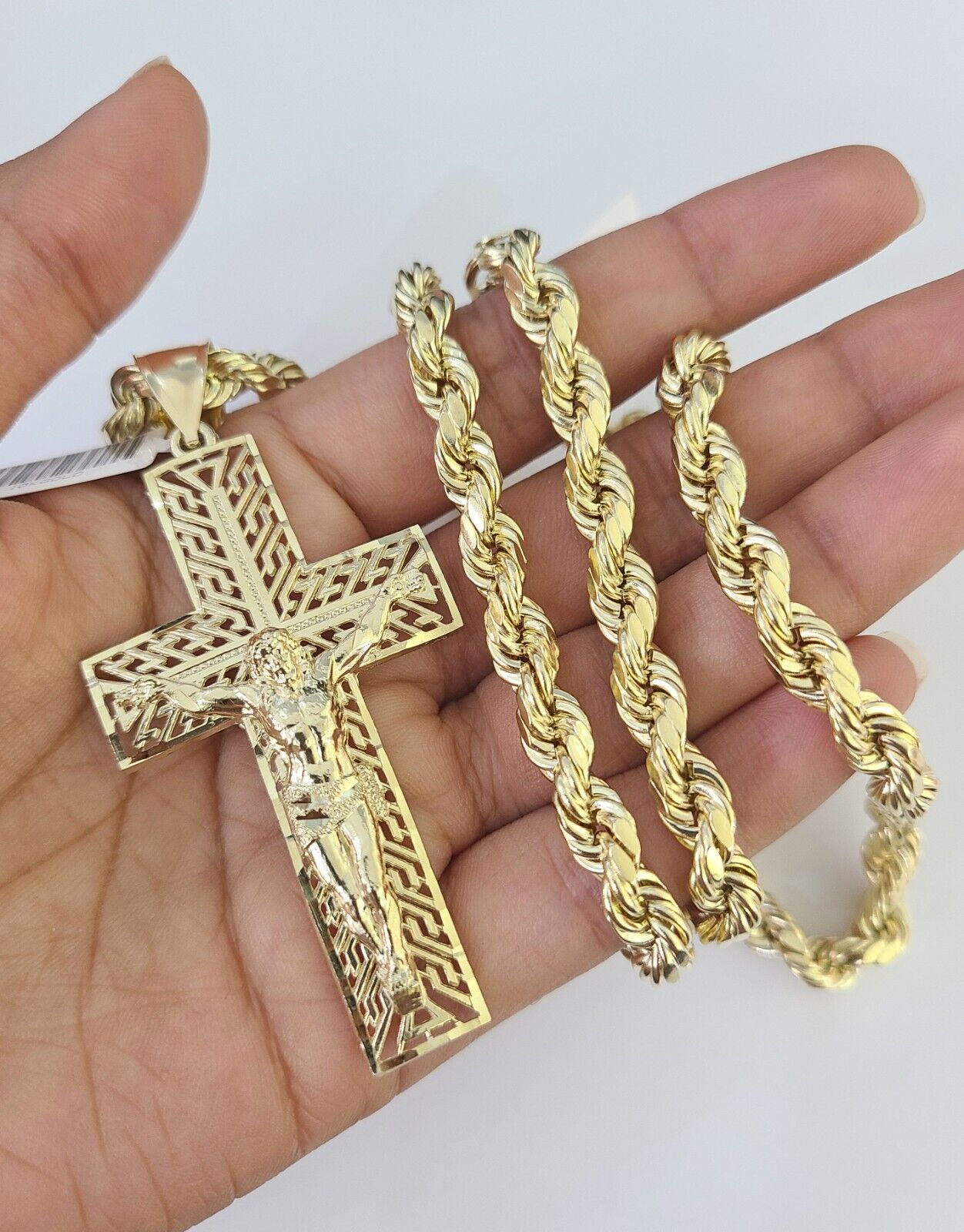 Real 10k Rope Chain Jesus Cross Charm Set 7mm 20" - 28" Inch Necklace Yellow Gold - Reva Jeweler