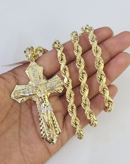 Real 10k Rope Chain Jesus Cross Charm Set 7mm 20" - 28" Inch Necklace Yellow Gold - Reva Jeweler