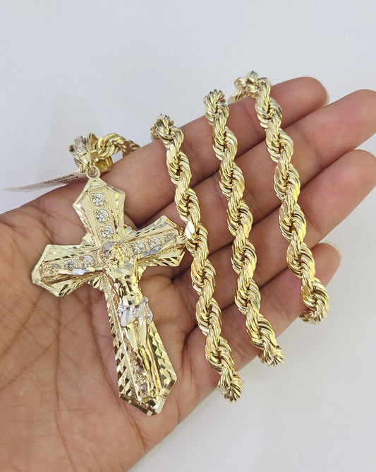 Real 10k Rope Chain Jesus Cross Charm Set 7mm 20" - 28" Inch Necklace Yellow Gold - Reva Jeweler
