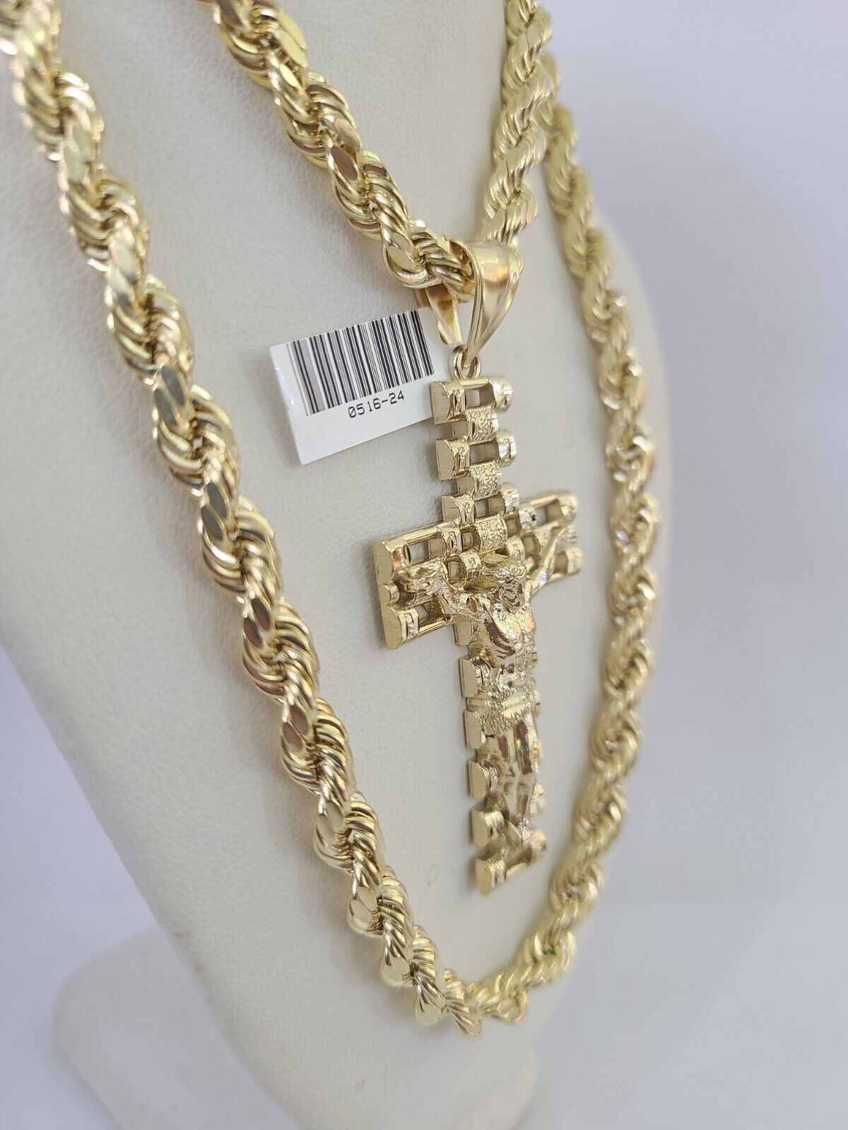 Real 10k Rope Chain Jesus Cross Charm Set 7mm 20" - 28" Inch Necklace Yellow Gold - Reva Jeweler