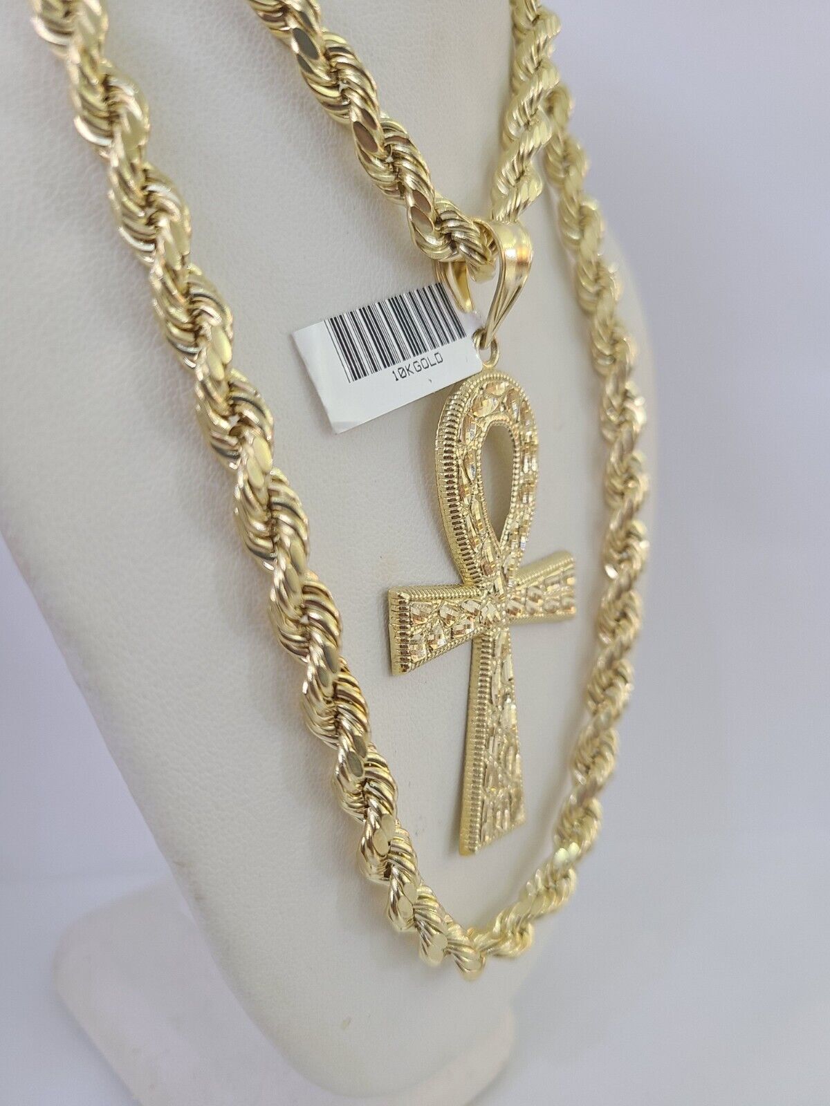 Real 10k Rope Chain Jesus Cross Charm Set 7mm 20" - 28" Inch Necklace Yellow Gold - Reva Jeweler