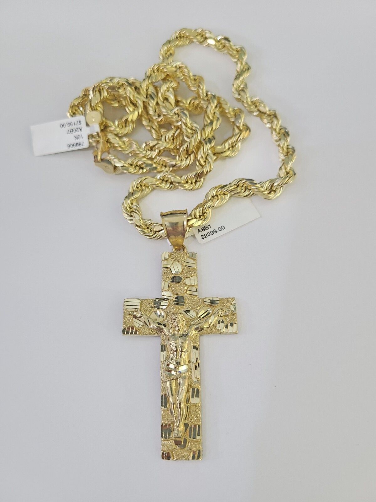 Real 10k Rope Chain Jesus Cross Charm Set 7mm 20" - 28" Inch Necklace Yellow Gold - Reva Jeweler