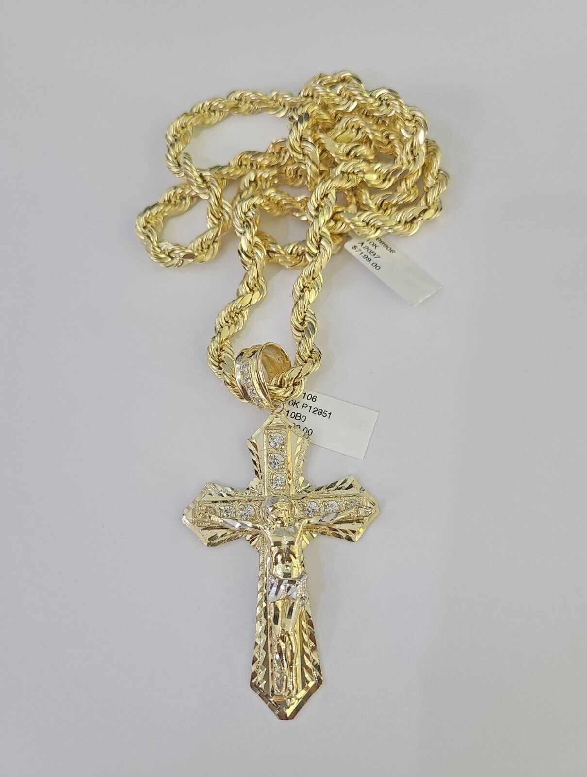 Real 10k Rope Chain Jesus Cross Charm Set 7mm 20" - 28" Inch Necklace Yellow Gold - Reva Jeweler