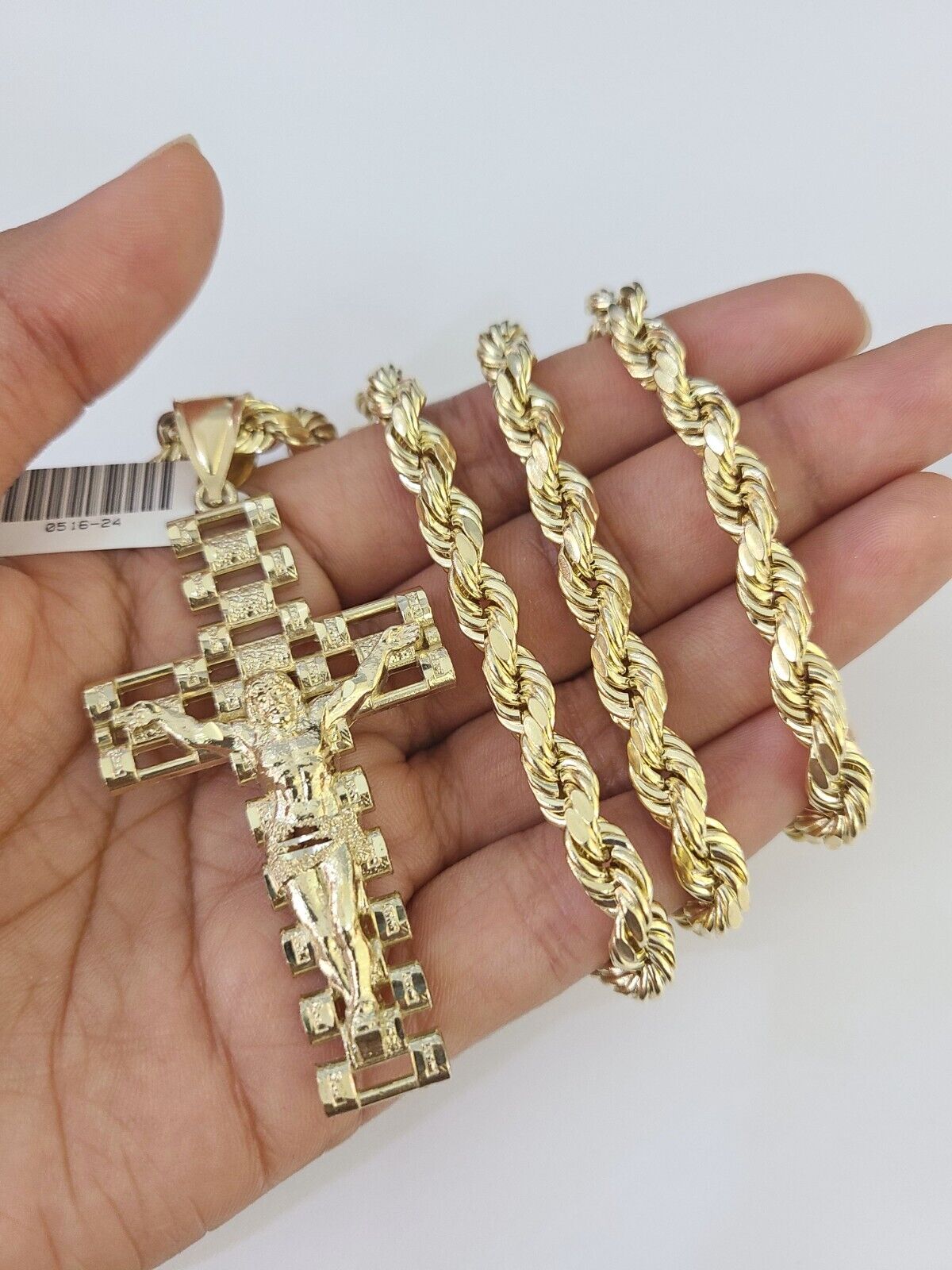 Real 10k Rope Chain Jesus Cross Charm Set 7mm 20" - 28" Inch Necklace Yellow Gold - Reva Jeweler