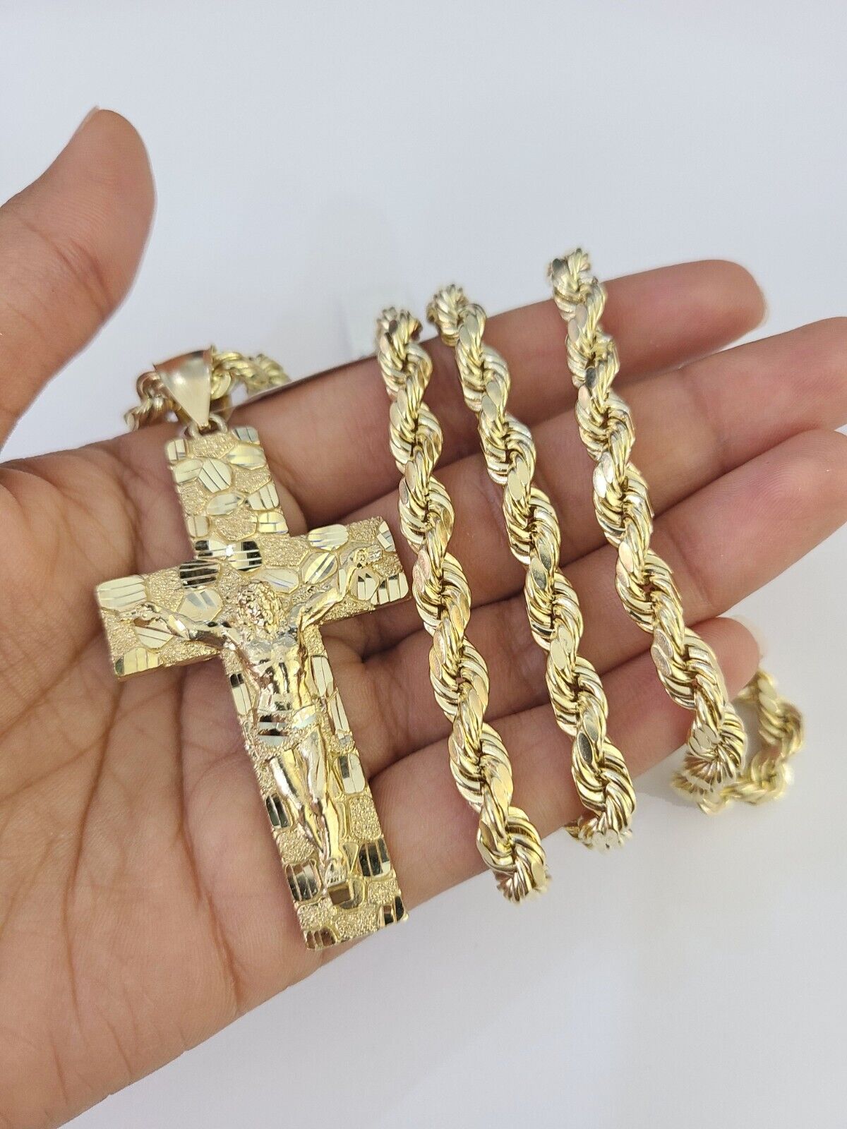 Real 10k Rope Chain Jesus Cross Charm Set 7mm 20" - 28" Inch Necklace Yellow Gold - Reva Jeweler