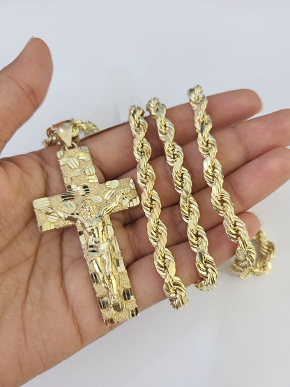 Real 10k Rope Chain Jesus Cross Charm Set 7mm 20" - 28" Inch Necklace Yellow Gold - Reva Jeweler
