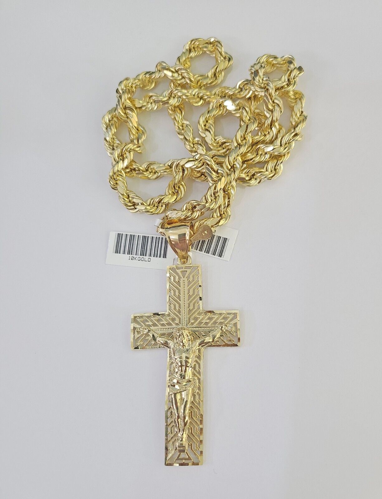 Real 10k Rope Chain Jesus Cross Charm Set 7mm 20" - 28" Inch Necklace Yellow Gold - Reva Jeweler