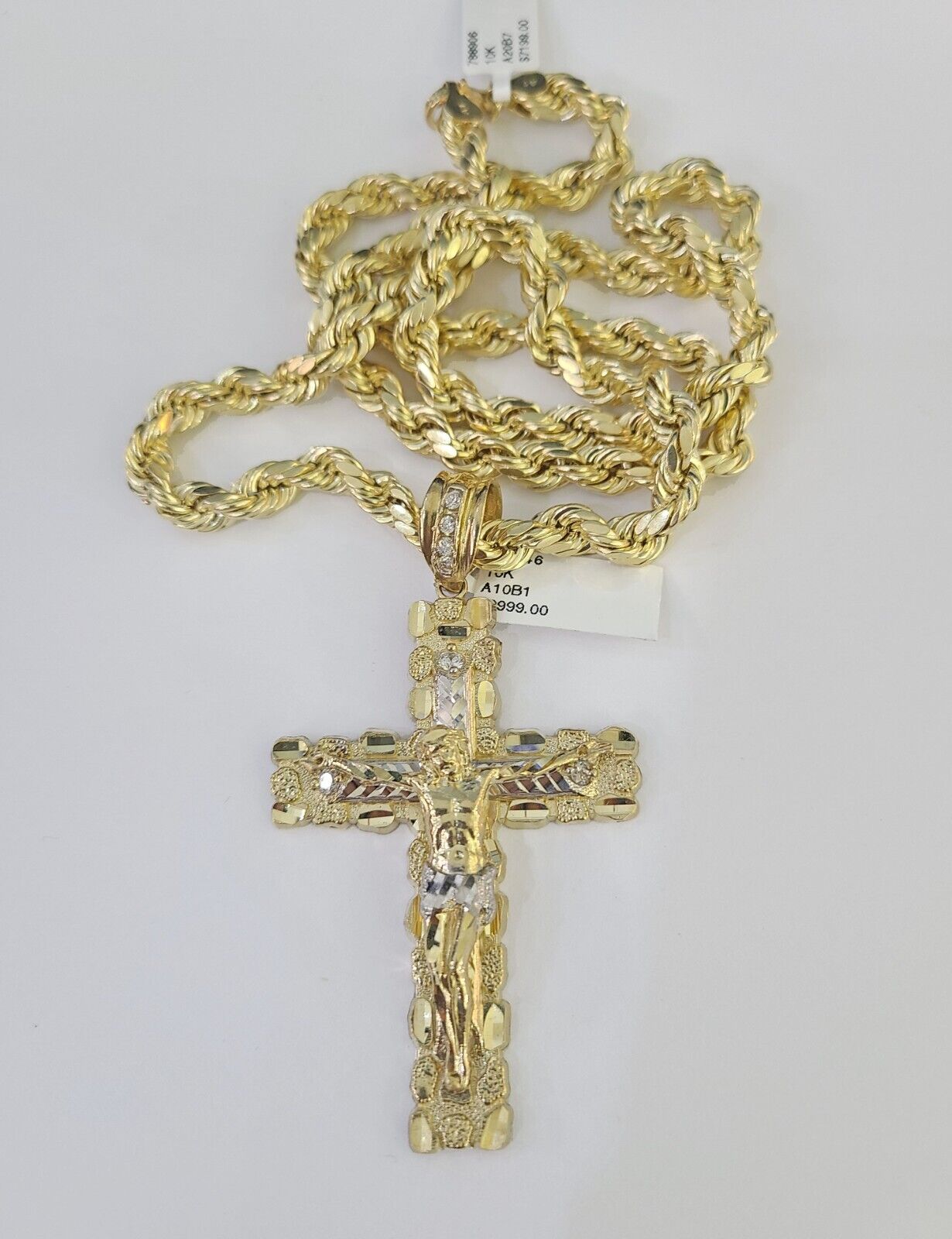 Real 10k Rope Chain Jesus Cross Charm Set 7mm 20" - 28" Inch Necklace Yellow Gold - Reva Jeweler