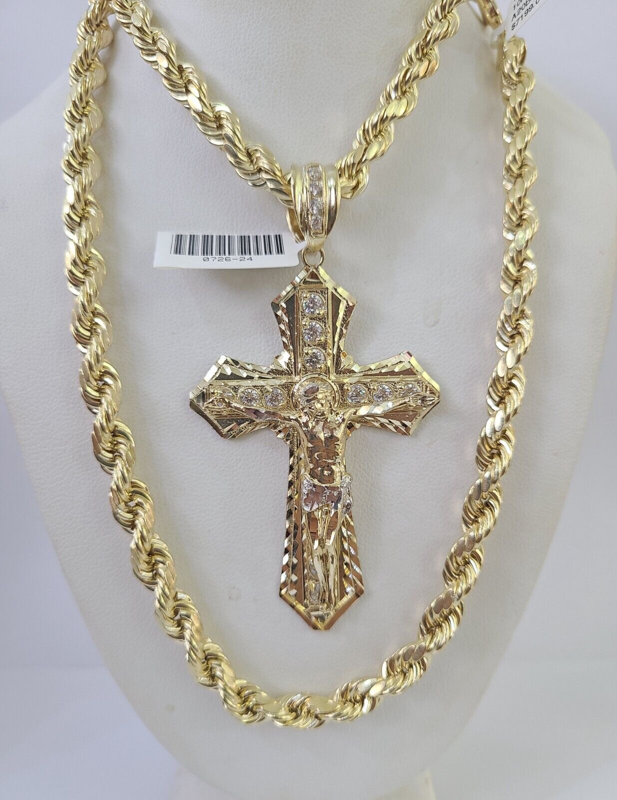 Real 10k Rope Chain Jesus Cross Charm Set 7mm 20" - 28" Inch Necklace Yellow Gold - Reva Jeweler