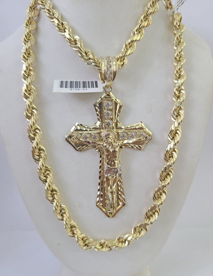 Real 10k Rope Chain Jesus Cross Charm Set 7mm 20" - 28" Inch Necklace Yellow Gold - Reva Jeweler