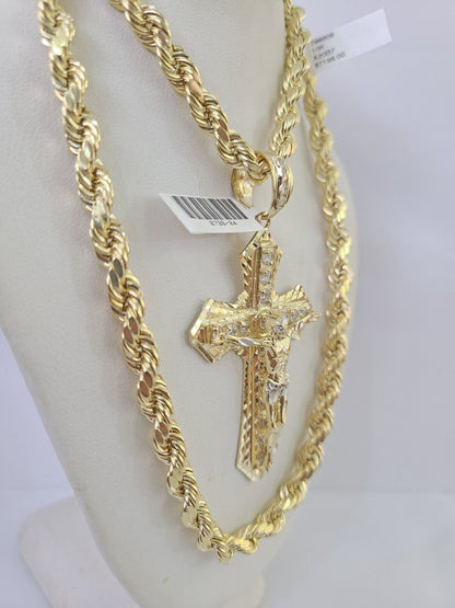 Real 10k Rope Chain Jesus Cross Charm Set 7mm 20" - 28" Inch Necklace Yellow Gold - Reva Jeweler