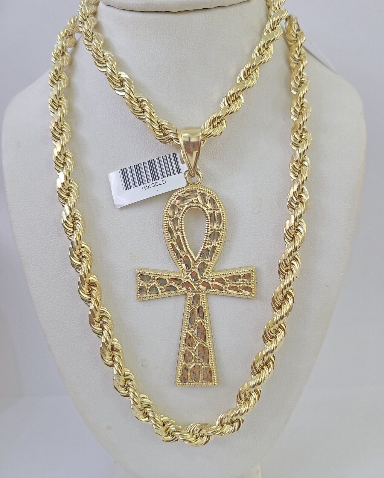 Real 10k Rope Chain Jesus Cross Charm Set 7mm 20" - 28" Inch Necklace Yellow Gold - Reva Jeweler