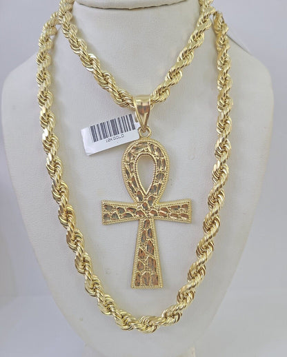 Real 10k Rope Chain Jesus Cross Charm Set 7mm 20" - 28" Inch Necklace Yellow Gold - Reva Jeweler
