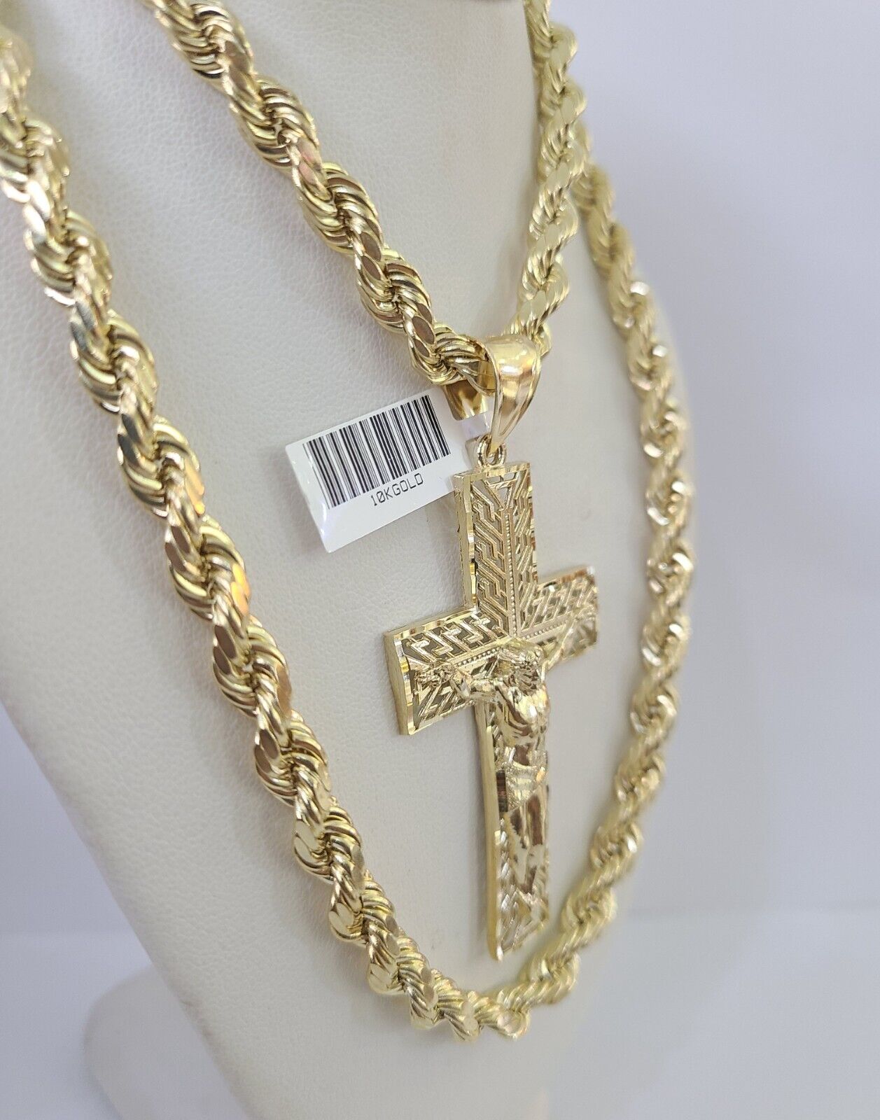 Real 10k Rope Chain Jesus Cross Charm Set 7mm 20" - 28" Inch Necklace Yellow Gold - Reva Jeweler