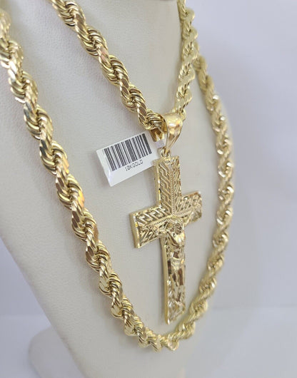 Real 10k Rope Chain Jesus Cross Charm Set 7mm 20" - 28" Inch Necklace Yellow Gold - Reva Jeweler