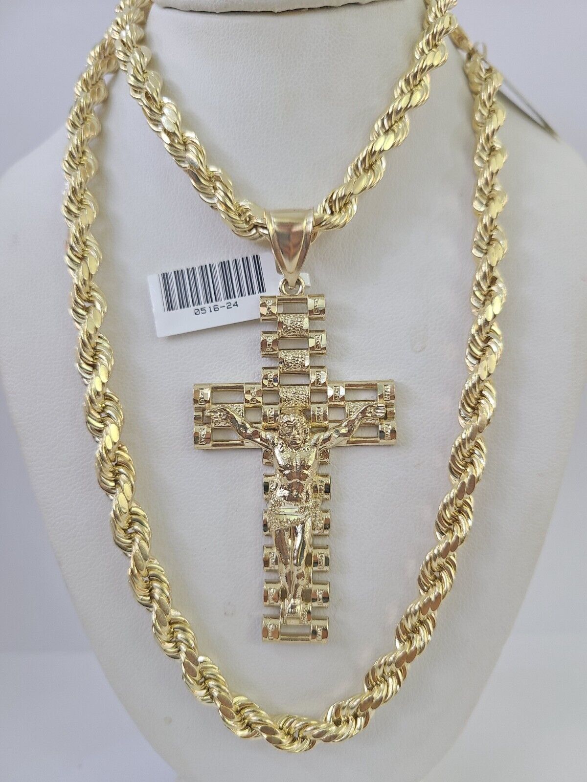 Real 10k Rope Chain Jesus Cross Charm Set 7mm 20" - 28" Inch Necklace Yellow Gold - Reva Jeweler