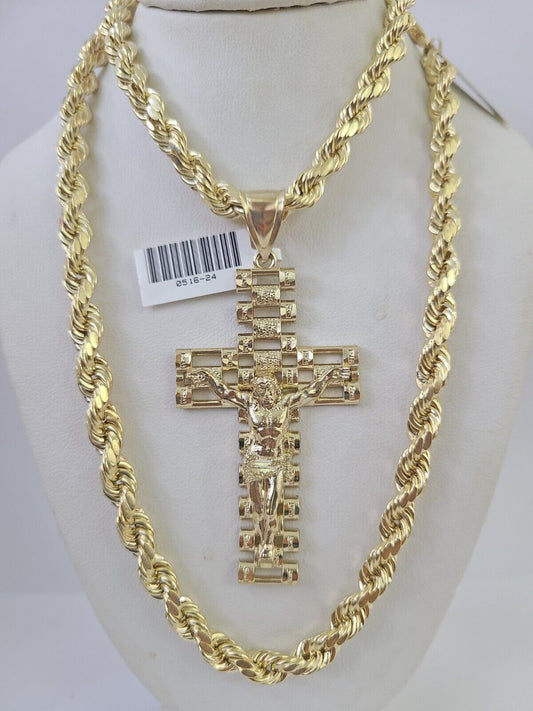 Real 10k Rope Chain Jesus Cross Charm Set 7mm 20" - 28" Inch Necklace Yellow Gold - Reva Jeweler