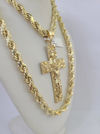 Real 10k Rope Chain Jesus Cross Charm Set 7mm 20" - 28" Inch Necklace Yellow Gold - Reva Jeweler