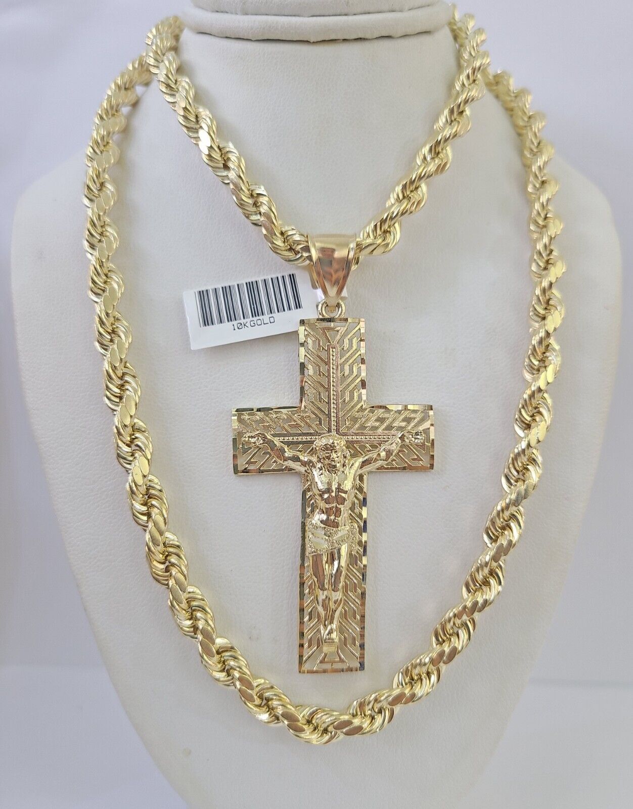 Real 10k Rope Chain Jesus Cross Charm Set 7mm 20" - 28" Inch Necklace Yellow Gold - Reva Jeweler