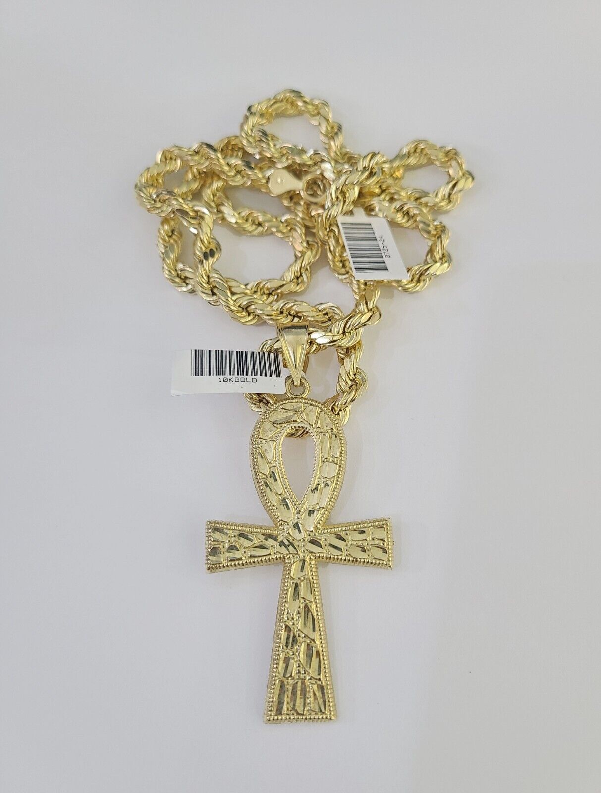Real 10k Rope Chain Jesus Cross Charm Set 7mm 20" - 28" Inch Necklace Yellow Gold - Reva Jeweler