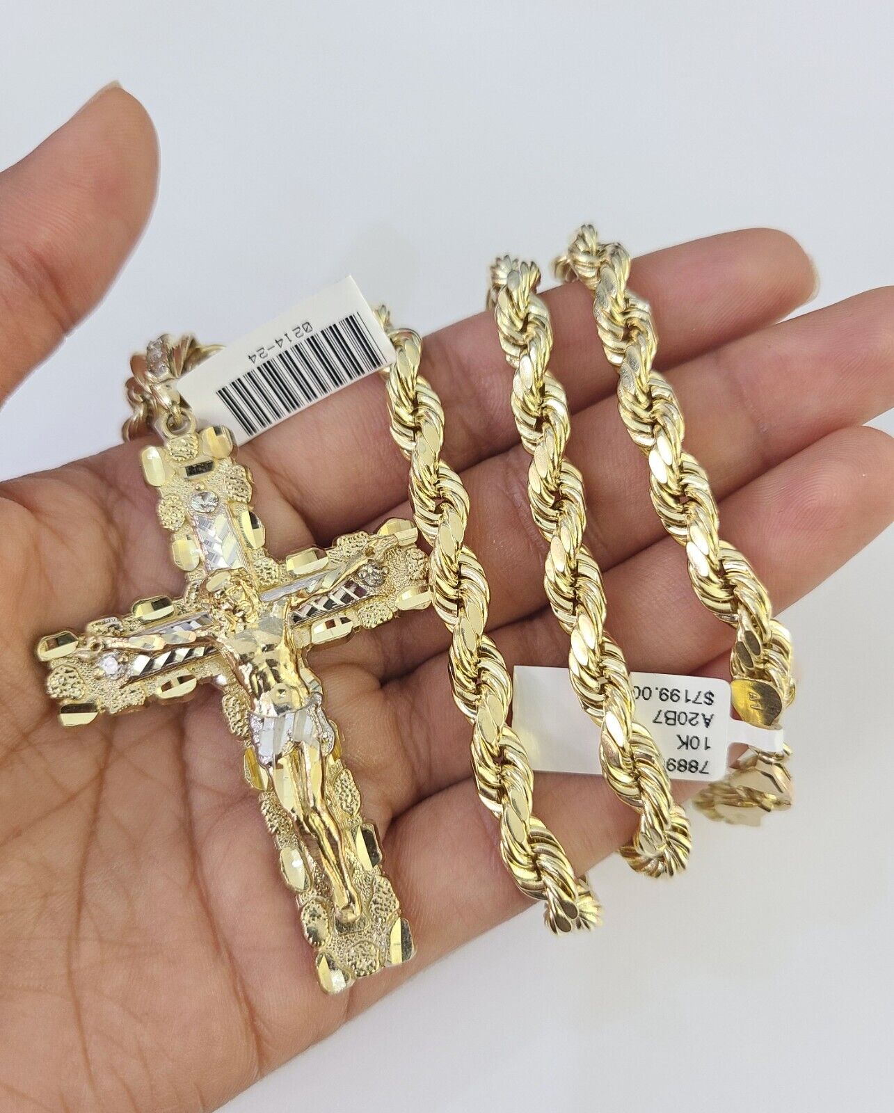 Real 10k Rope Chain Jesus Cross Charm Set 7mm 20" - 28" Inch Necklace Yellow Gold - Reva Jeweler