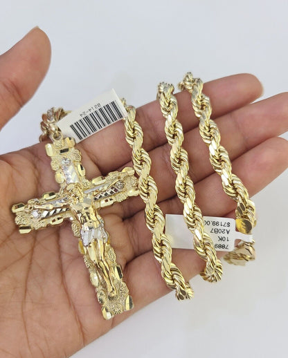 Real 10k Rope Chain Jesus Cross Charm Set 7mm 20" - 28" Inch Necklace Yellow Gold - Reva Jeweler