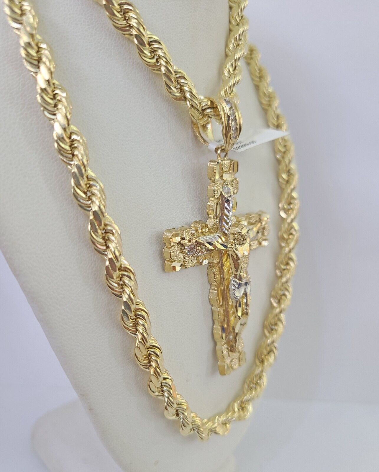 Real 10k Rope Chain Jesus Cross Charm Set 7mm 20" - 28" Inch Necklace Yellow Gold - Reva Jeweler