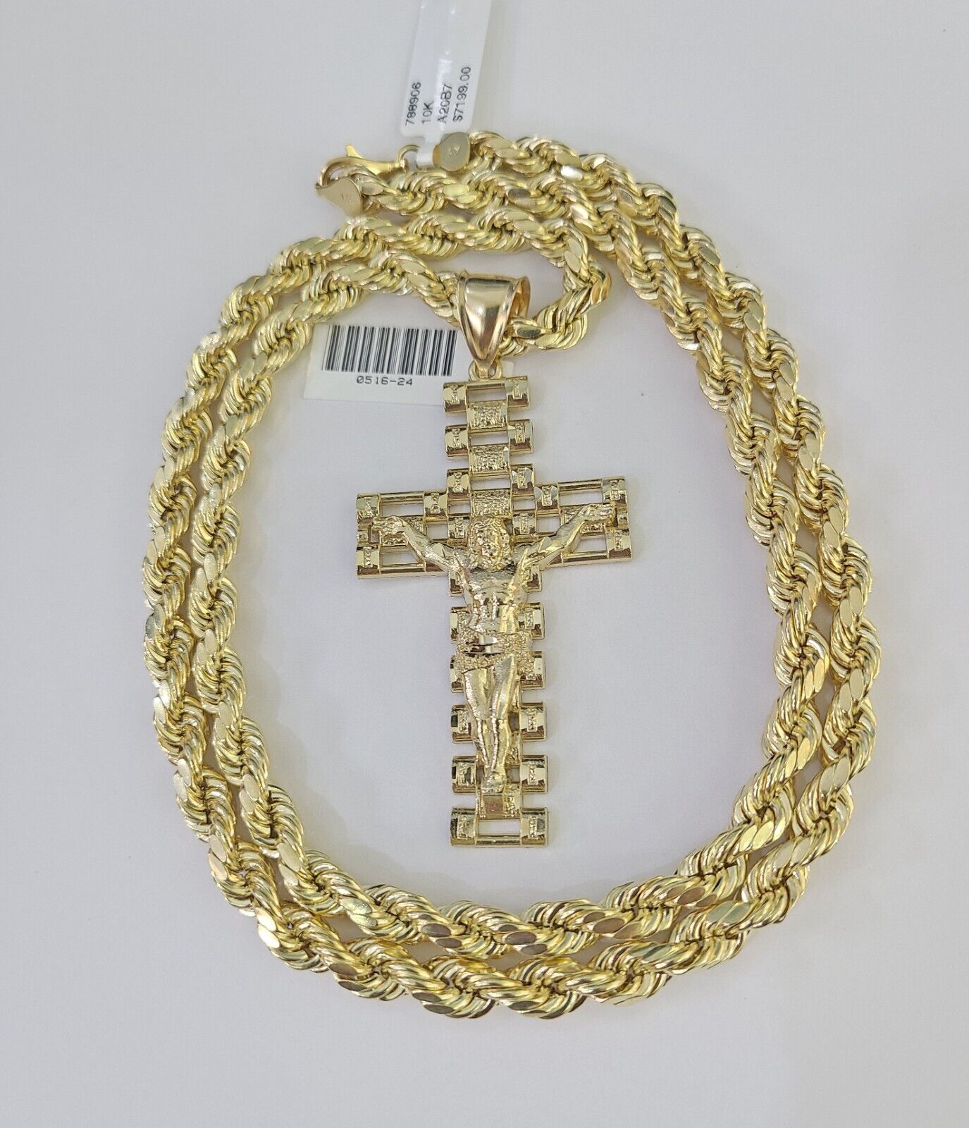 Real 10k Rope Chain Jesus Cross Charm Set 7mm 20" - 28" Inch Necklace Yellow Gold - Reva Jeweler