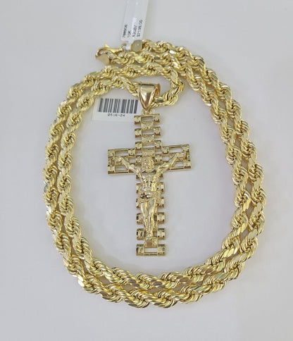 Real 10k Rope Chain Jesus Cross Charm Set 7mm 20" - 28" Inch Necklace Yellow Gold - Reva Jeweler