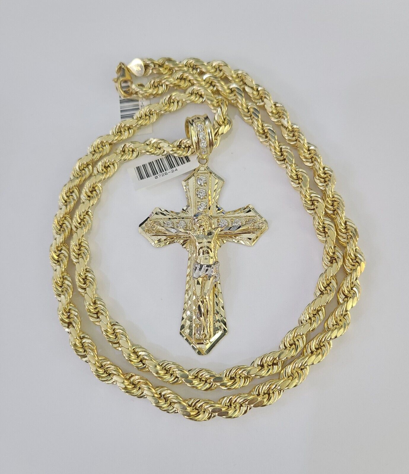 Real 10k Rope Chain Jesus Cross Charm Set 7mm 20" - 28" Inch Necklace Yellow Gold - Reva Jeweler