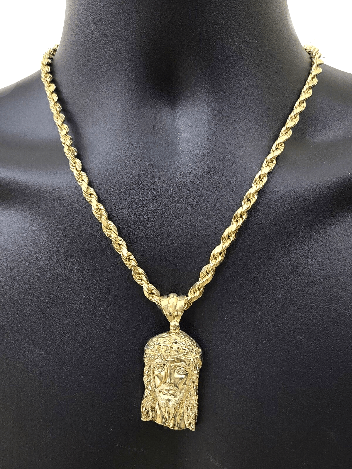 REAL 10k Rope Chain & Jesus Head Charm Pendant 6mm 18" - 28" Necklace & Jesus Face - Reva Jeweler