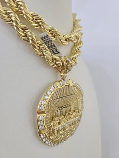 Real 10k Rope Chain Last Supper Charm Set 10mm 20" - 30" Inch Necklace Yellow Gold - Reva Jeweler
