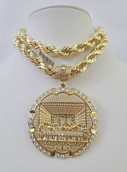 Real 10k Rope Chain Last Supper Charm Set 10mm 20" - 30" Inch Necklace Yellow Gold - Reva Jeweler