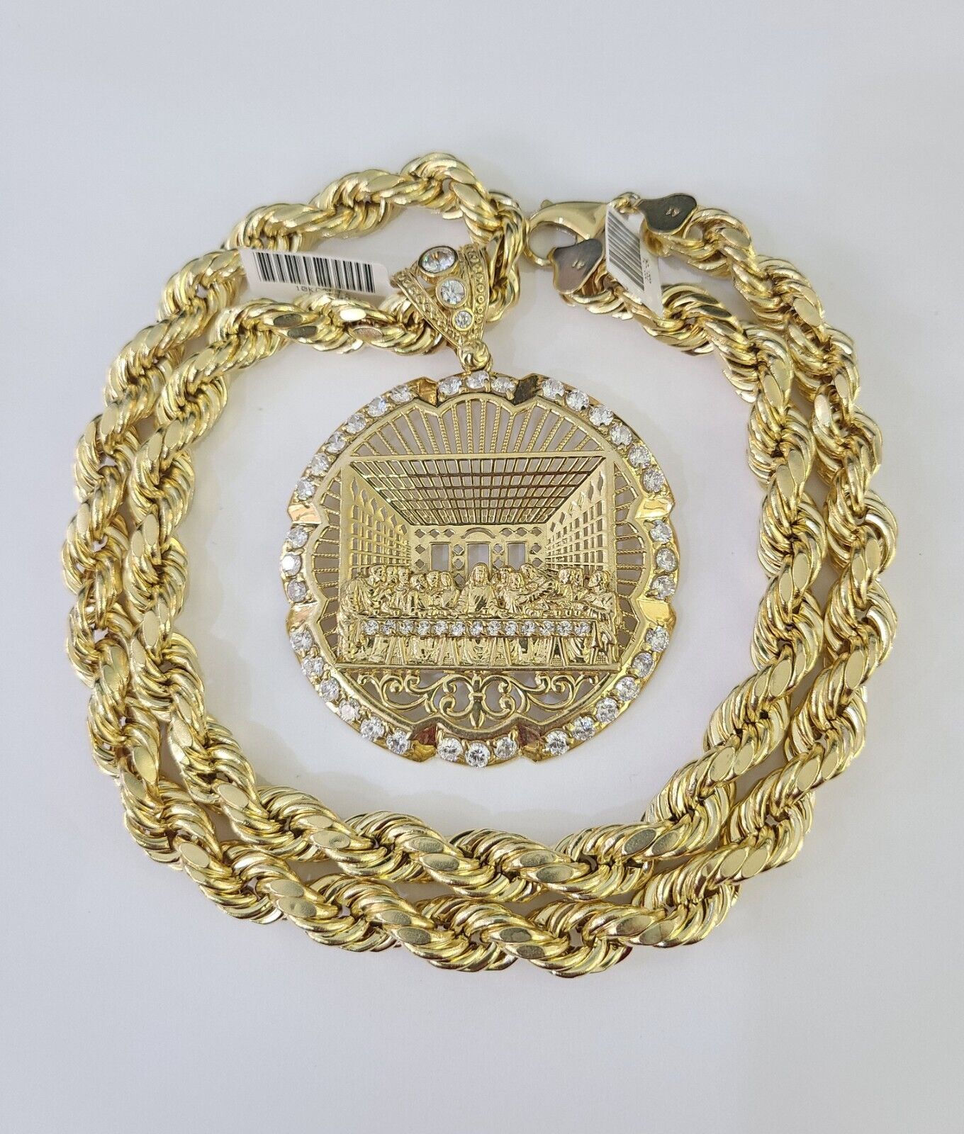 Real 10k Rope Chain Last Supper Charm Set 10mm 20" - 30" Inch Necklace Yellow Gold - Reva Jeweler