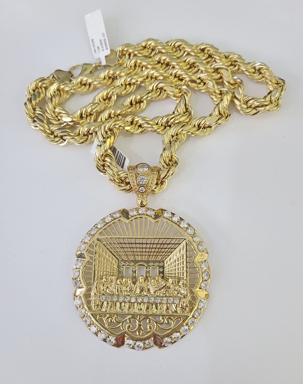 Real 10k Rope Chain Last Supper Charm Set 10mm 20" - 30" Inch Necklace Yellow Gold - Reva Jeweler