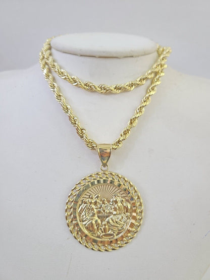 Real 10k Rope Chain Last Supper Charm Set 7mm 18" - 26" Inch Necklace Yellow Gold - GoldenlinQ