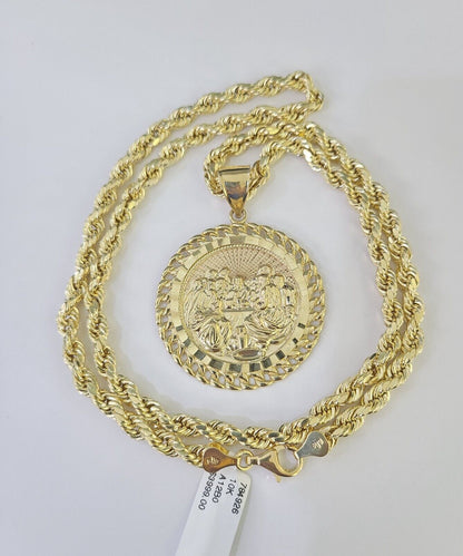 Real 10k Rope Chain Last Supper Charm Set 7mm 18" - 26" Inch Necklace Yellow Gold - GoldenlinQ