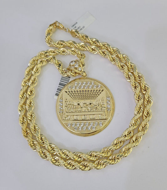Real 10k Rope Chain Last Supper Charm Set 7mm 20" - 28" Inch Necklace Yellow Gold - Reva Jeweler