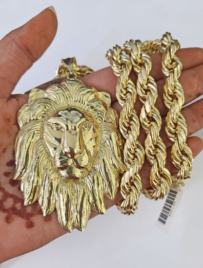 Real 10k Rope Chain Lion Charm Set 10mm 20" - 30" Inch Necklace Yellow Gold - Reva Jeweler