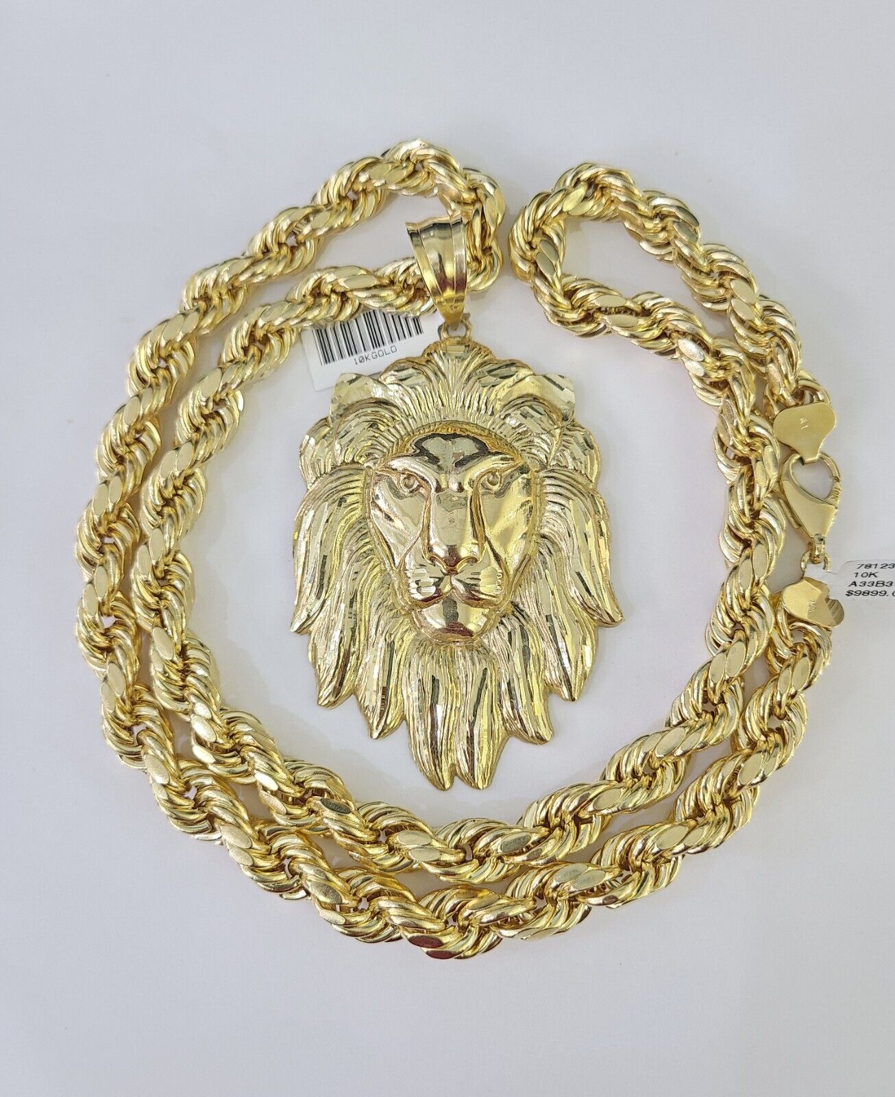 Real 10k Rope Chain Lion Charm Set 10mm 20" - 30" Inch Necklace Yellow Gold - Reva Jeweler