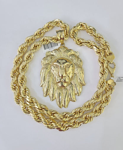 Real 10k Rope Chain Lion Charm Set 10mm 20" - 30" Inch Necklace Yellow Gold - Reva Jeweler