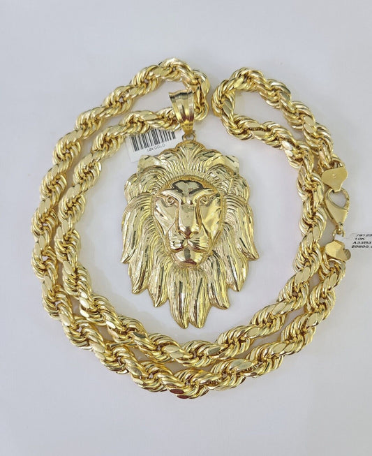 Real 10k Rope Chain Lion Charm Set 10mm 20" - 30" Inch Necklace Yellow Gold - Reva Jeweler