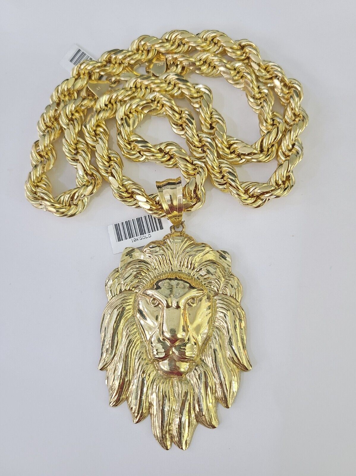 Real 10k Rope Chain Lion Charm Set 10mm 20" - 30" Inch Necklace Yellow Gold - Reva Jeweler