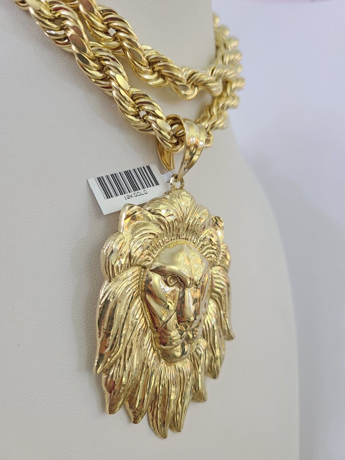 Real 10k Rope Chain Lion Charm Set 10mm 20" - 30" Inch Necklace Yellow Gold - Reva Jeweler