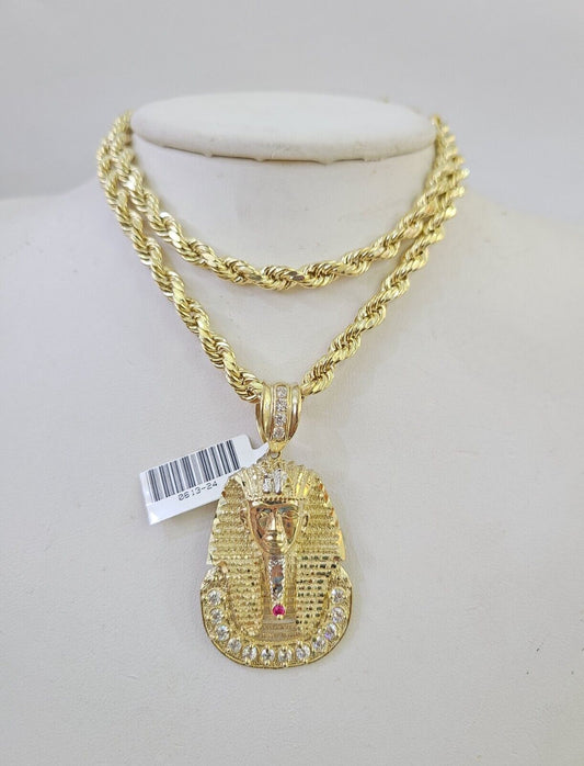 Real 10k Rope Chain Pharaoh Charm Set 7mm 18" - 26" Inch Necklace Yellow Gold - GoldenlinQ