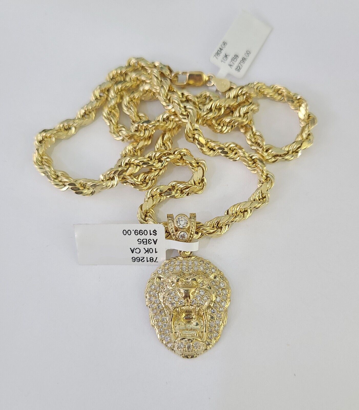 Real 10k Rope Chain RoaringLion Charm Necklace Pendant Set 5mm 20" - 30" Inch Gold - Reva Jeweler