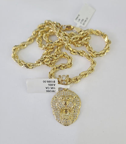 Real 10k Rope Chain RoaringLion Charm Necklace Pendant Set 5mm 20" - 30" Inch Gold - Reva Jeweler